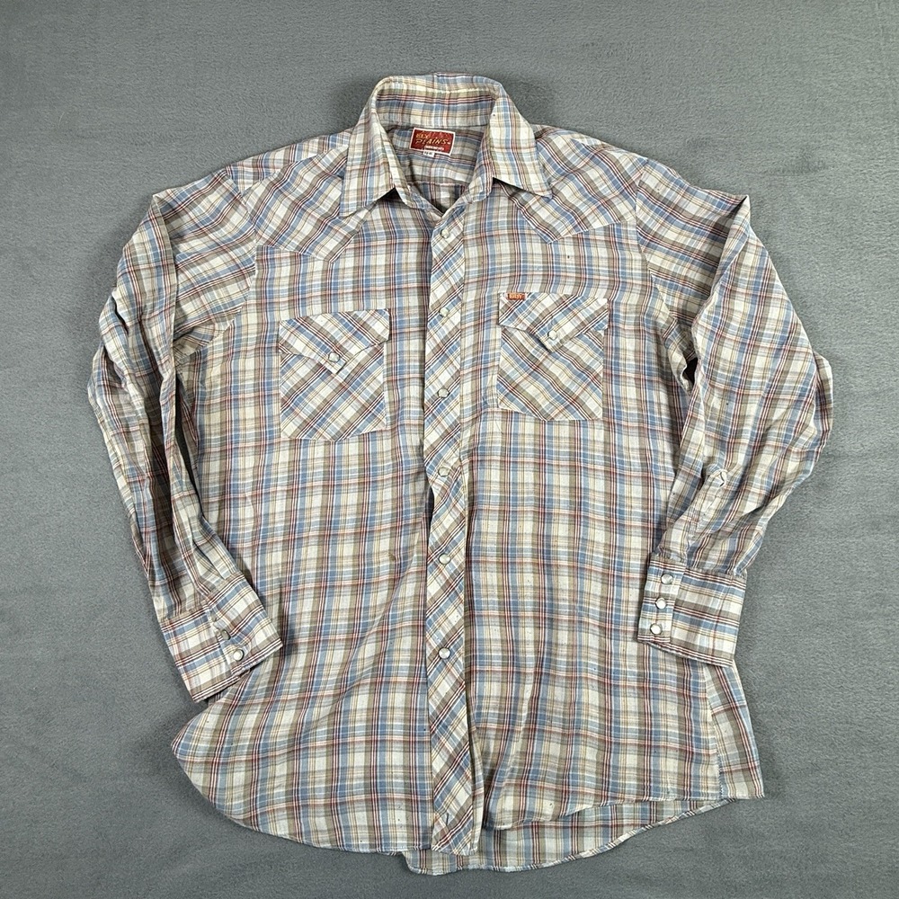 Vintage Ely Plains Pearl Snap Western Shirt Size 15.5-33 Yellow Brown Blue Plaid